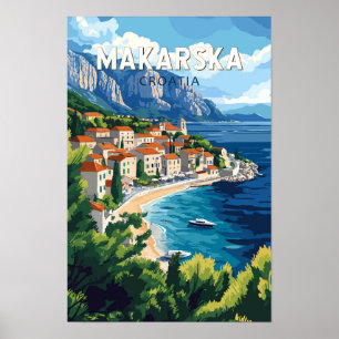 Makarska Croacia Ilustración Arte de Viaje Vintage
