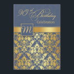 Maldito dorado en invitación azul por cumpleaños n<br><div class="desc">Rico patrón de damasco dorado contra un fondo gris azul Monogramado 90 cumpleaños fiesta invitación.</div>