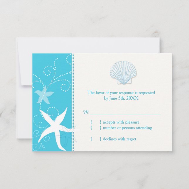 Malibu Blue Sea Shell Starfish Beach Wedding RSVP (Anverso)