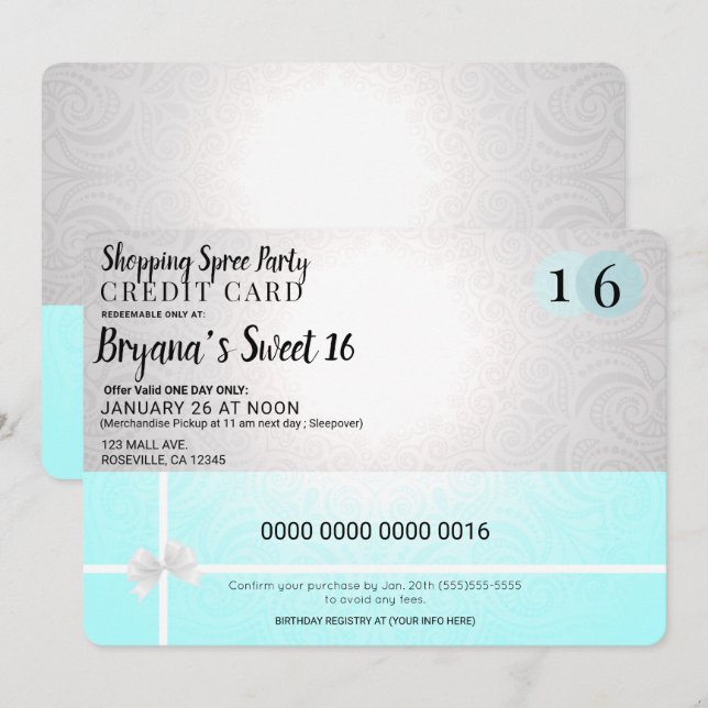 Mall Shopping Spree Tarjeta de crédito Sweet 16 Fi (Anverso / Reverso)