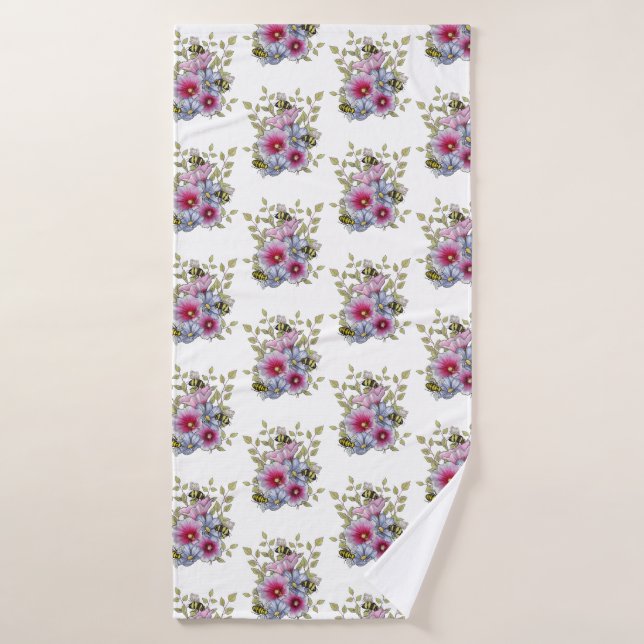 Malvarrosas y flores azules con abejas (Toalla de baño)