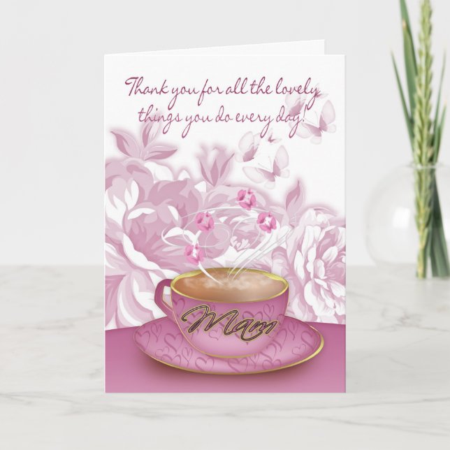 Mam - Tarjeta del Día de la Madre con té y flores (Anverso)