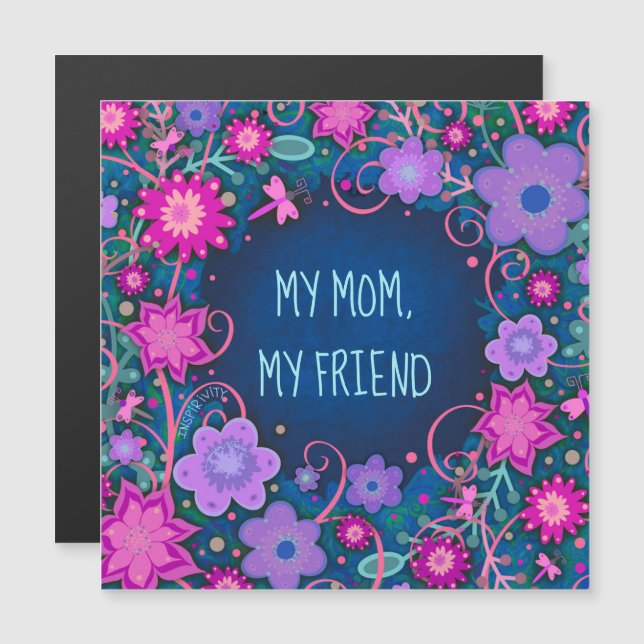 Mamá Amigo Bonito Floral Corazón Azul Tarjeta Magn (Anverso/Reverso)