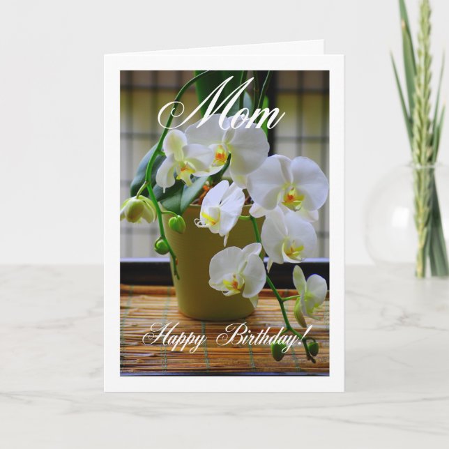 Mamá, cumpleaños feliz, tarjeta de orquídeas blanc (Anverso)