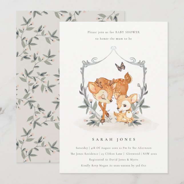 Mamá Cute Deer Fawn Escudo Floral Invitación Baby  (Anverso / Reverso)