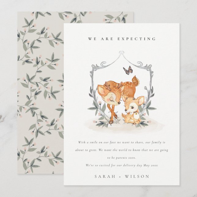 Mamá Cute Deer Fawn Escudo Floral Invitación del b (Anverso / Reverso)