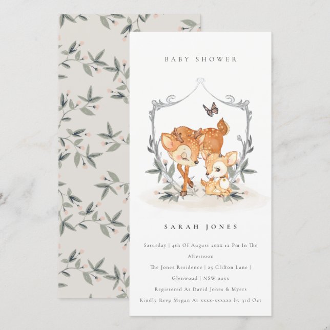 Mamá Deer Fawn Escudo Floral Invitación Baby Showe (Anverso / Reverso)