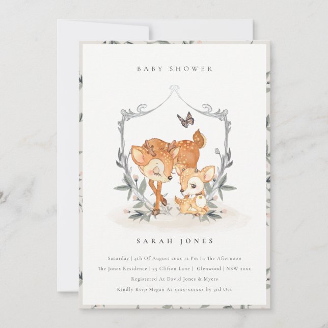 Mamá Deer Fawn Escudo Floral Invitación Baby Showe (Anverso)