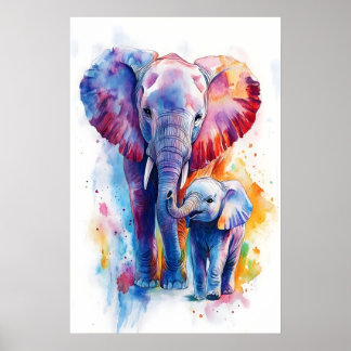 Mamá elefante y bebé impresión en acuarela, guarde