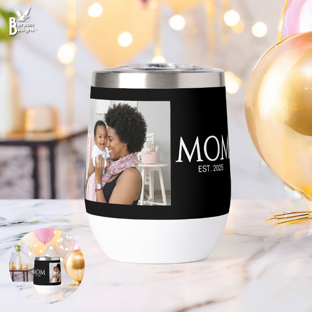Mamá Establecida Tapas Negro Foto (Mom Established wine tumbler with customizable photo and text. Ideal new mom gift Matching available)