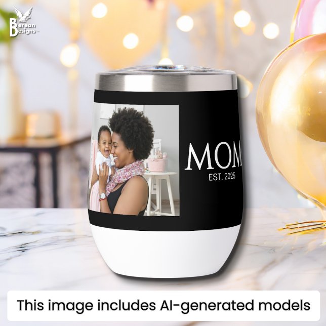 Mamá Establecida Tapas Negro Foto (Mom Established wine tumbler with customizable photo and text. Ideal new mom gift Matching available)