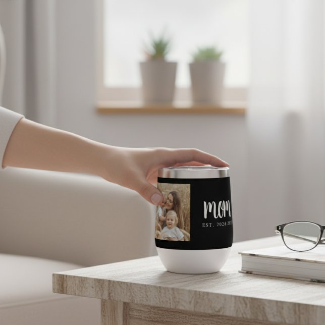 Mamá estableció el guión negro foto (modern script mom custom established dates with photo for mother's day or christmas gift for new mom)