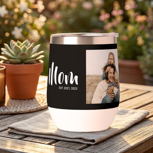 Mamá estableció guion negro foto (Mom Established Photo Mother's Day Gift Wine Tumbler)