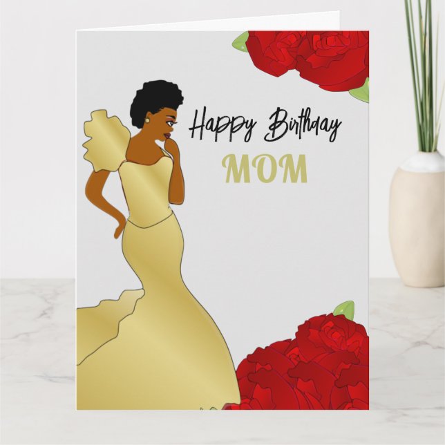 Mamá Glam Red Roses tarjeta de cumpleaños afroamer (Anverso)