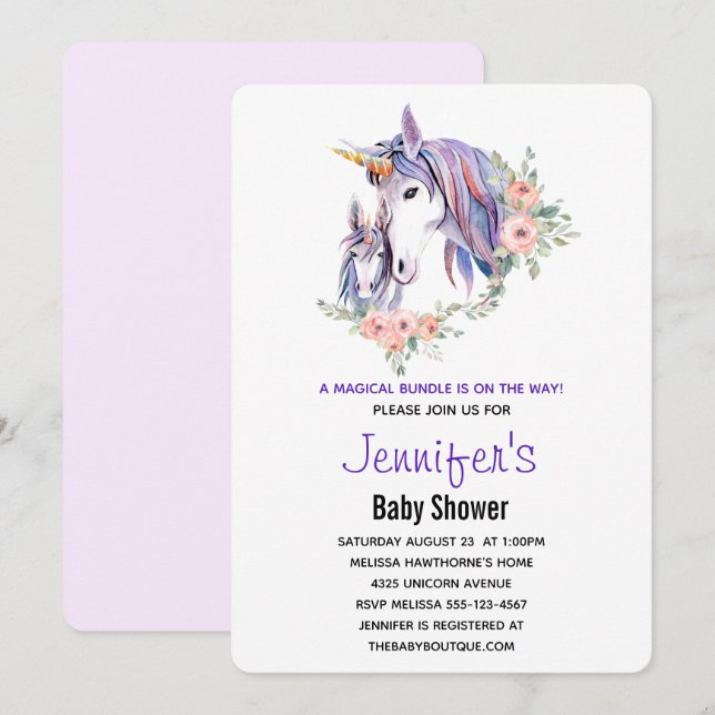 Mamá Unicornio Bonito y Bebe Invitación de Regader (Anverso / Reverso)
