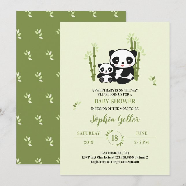 Mamá y bebé Panda llevan una invitación en Baby Sh (Anverso / Reverso)