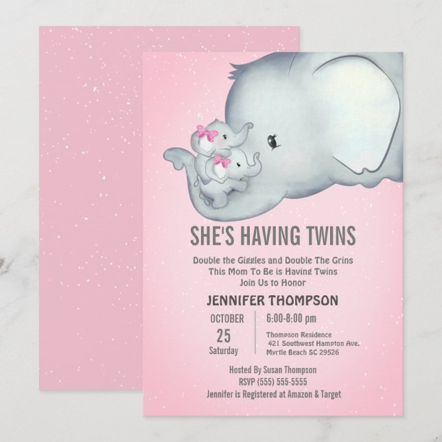 Mami mellizas Chicas Invitación a Elefante Rosa (Anverso / Reverso)