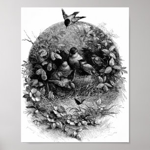 Mamma y aves bebés en nido ilustrativo de arte vin