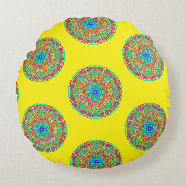 Mandala azul amarillo Boho Almohada redonda revers (Anverso)