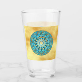 Mandalá azul dorado sobre fondo de oro suave