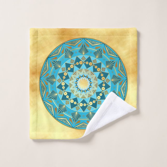 Mándala azul dorado sobre fondo de oro suave (Toallita)