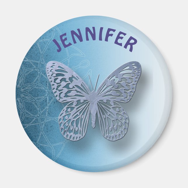 Mandala azul personalizada y imán de mariposa (Frente)