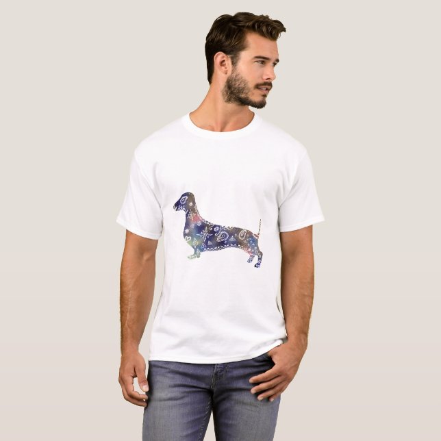 Mandala Dachshund Camiseta Básica, Blanco (Anverso completo)