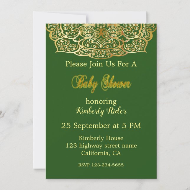 Mandala De Oro En Invitación Verde De Baby Shower (Anverso)