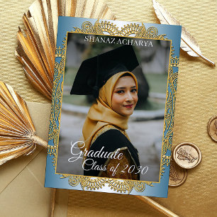 Mandala De Oro En La Invitación De Graduación Azul