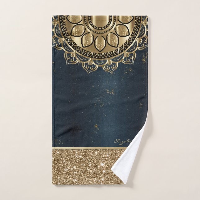 Mandala dorada, brillo azul marino (Toalla de mano)