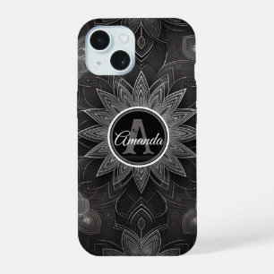 Mandala floral blanca y negra intrincada en monogr