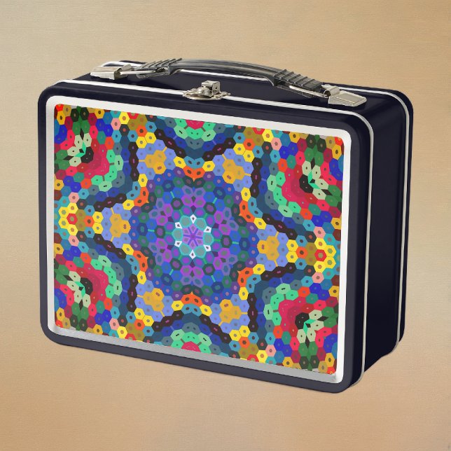Mandalá Hexagonal Azul Amarillo Rojo y Verde (Blue Yellow Red and Green Hexagon Mandala Metal Lunchbox by Wormhole Orbital)