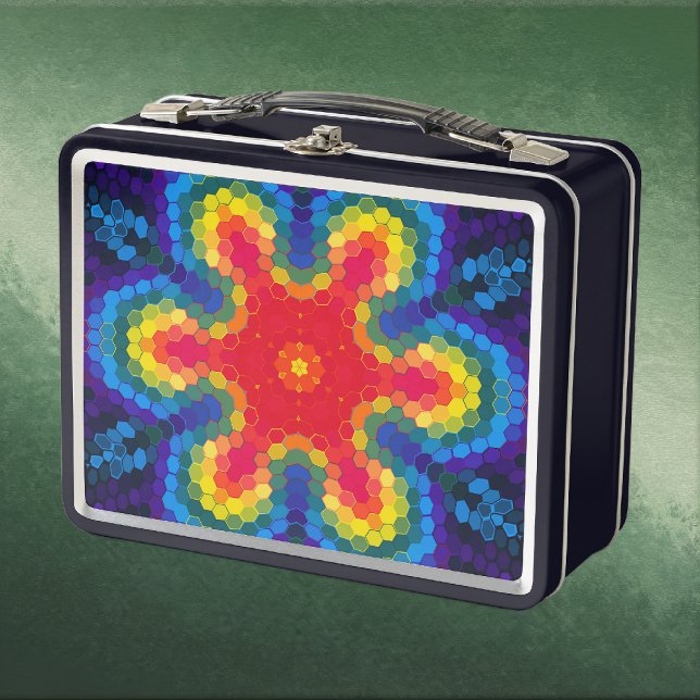 Mandalá Hexagonal Rojo Amarillo y Azul (Red Yellow and Blue Hexagon Mandala Metal Lunchbox by Wormhole Orbital)