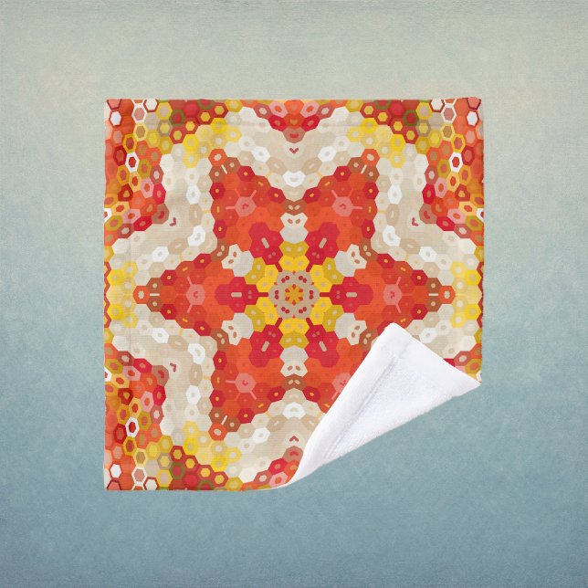 Mandalá Hexagonal Rojo y Amarillo (Red and Yellow Hexagon Mandala Wash Cloth by Wormhole Orbital)