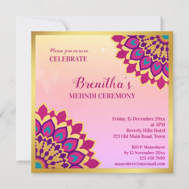 Mandala rosa Invitación de un boda indio (Anverso)