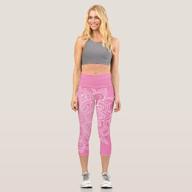 Mandala rosa y blanca Yoga Capri Leggings (Anverso)