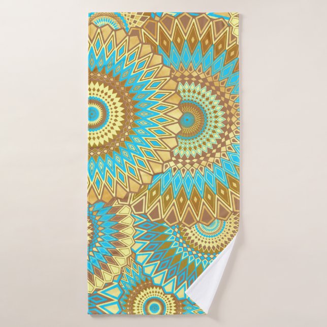 Mandalá superpuesto azul marrón dorado (Toalla de baño)