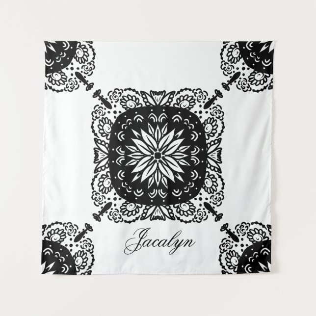 Mandala Tapiz de nombre floral blanco negro (Anverso)