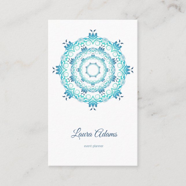 mandala verde azulada étnica. Texto. Tarjeta de vi (Anverso)