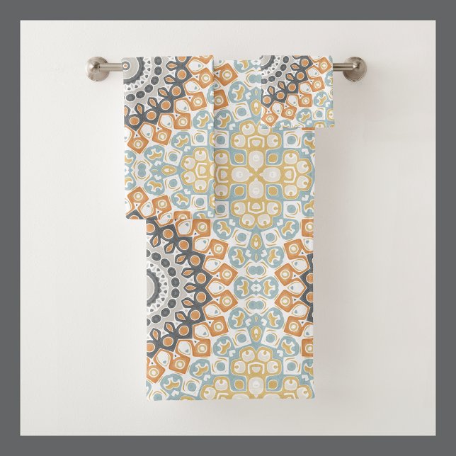 Mandalas geométricas en naranja, gris y azul (Subido por el creador)