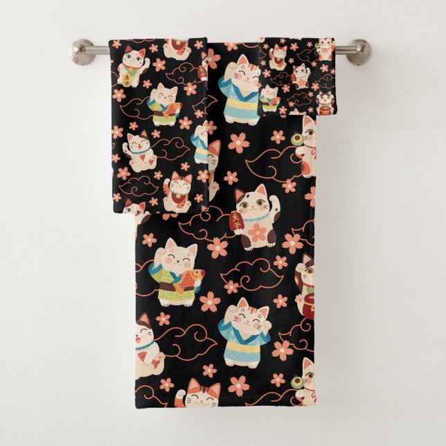 Maneki Neko Lucky Cats Bath Towel Set (In situ)