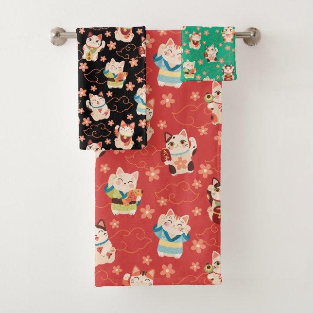 Maneki Neko Lucky Cats Bath Towel Set (In situ)