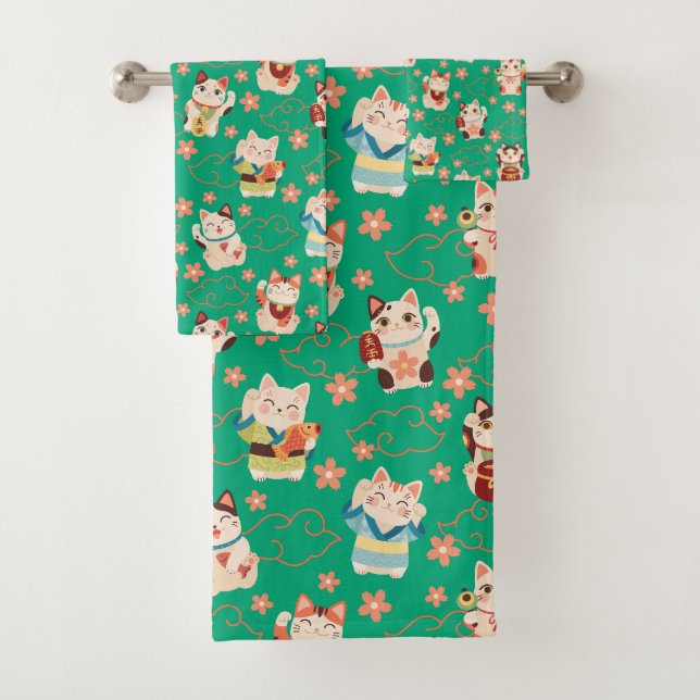 Maneki Neko Lucky Cats Bath Towel Set (In situ)