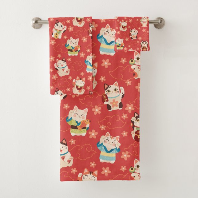 Maneki Neko Lucky Cats Bath Towel Set (In situ)