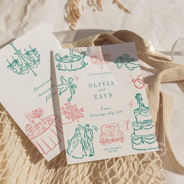 Mano caprichosa de la boda Invitación Turquesa (Whimsical Hand Drawn Wedding Invitation Green Coral Pink)