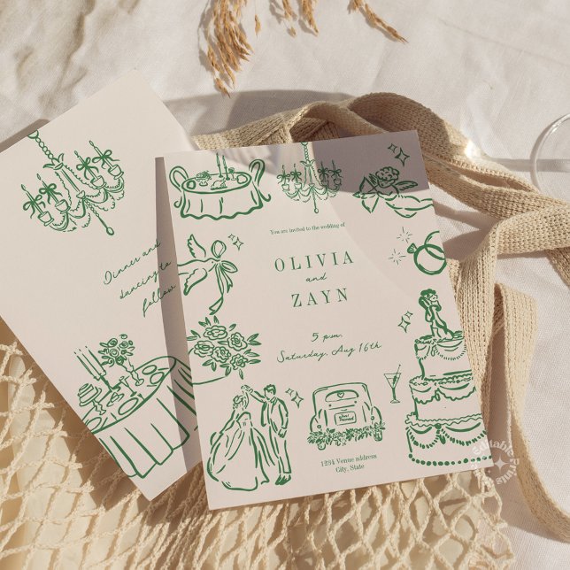Mano caprichosa Invitación a la boda Verde (Whimsical Hand Drawn Wedding Invitation Green
)