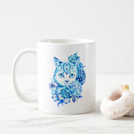 Mano elegante taza azul dibujada del gato de 10