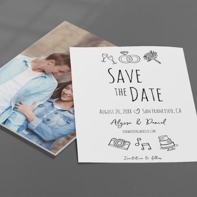 Mano fotográfica personalizado dibujada en blanco  (Whimsical hand drawn fun and unique photo wedding save the date cards.)