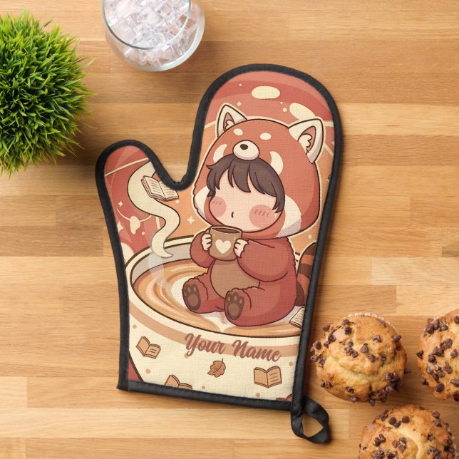 Manoplas Chibi Red Panda Brew Heat Resistant Oven Mitt (De arriba hacia abajo)