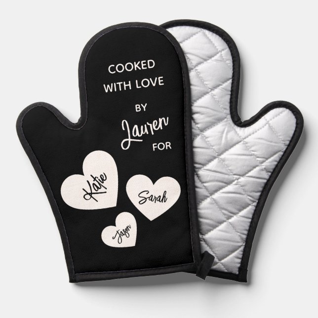 Manoplas Cocinado con amor, negro y blanco personalizado (Anverso/Reverso)